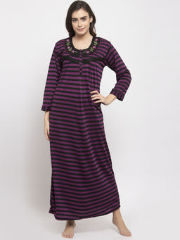 Secret Wish - Women's Striped Woolen Maternity Nighty - Purple (Free Size)