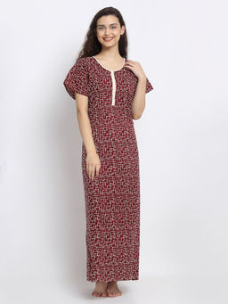 Secret Wish - Women Maroon Printed Cotton Nighty (Free Size)