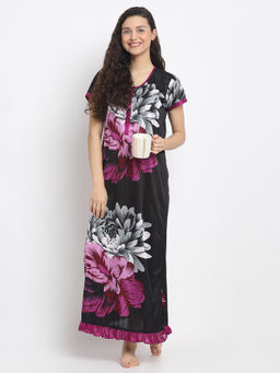 Secret Wish - Women Wine Printed Satin Nighty (Free Size)