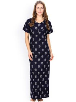 Secret Wish - Women's Cotton Navy Blue Printed Maternity Nighty (Free Size)