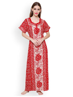 Secret Wish - Women's Red & White Printed Maxi Nightdress (Free Size)