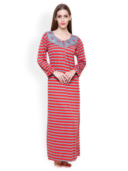 Secret Wish - Women's Red & Grey Striped Nightdress (Free Size)