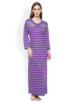 Secret Wish - Women's Purple & Grey Striped Nightdress (Free Size)