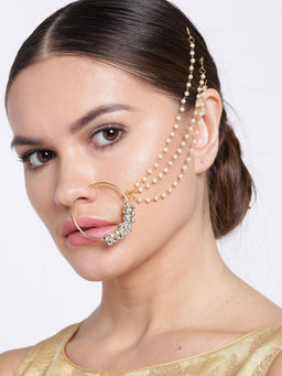 Priyaasi - CZ Stone Studded Pearl Nose Ring With Multistrand Chain