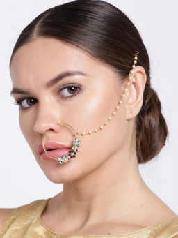 Priyaasi - Gold Plated CZ Stone Studded Nose Ring With Chain