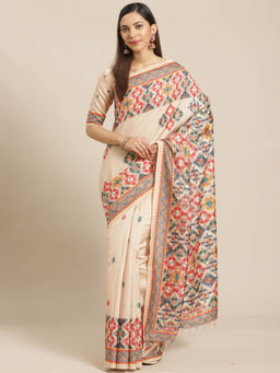 Akhilam - Beige Geometric Printed Saree With Unstitched Blouse