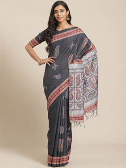 Akhilam - Grey Printed Saree With Unstitched Blouse
