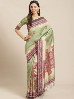 Akhilam - Green Geometric Printed Saree With Unstitched Blouse