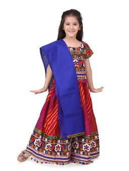 BownBee - Girls Leheria Print Cotton Lehnga Choli- Pink (Set of 3)