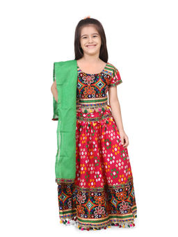 BownBee - Girls Bandhani Print Cotton Lehnga Choli- Pink (Set of 3)