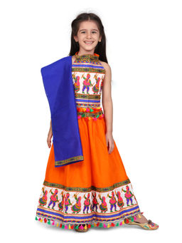 BownBee - White Dandiya Border Plain Chaniya Choli-Orange (Set of 3)