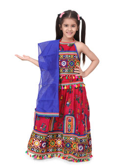 BownBee - Girls Halter Neck Dandiya Print Chaniya Choli- Pink (Set of 3)
