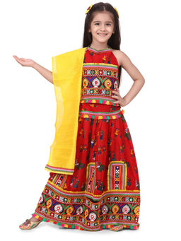 BownBee - Girls Halter Neck Dandiya Print Chaniya Choli- Red (Set of 3)