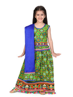 BownBee - Bandhani Chaniya Choli with Frill Dupatta- Blue (Set of 3)