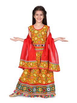 BownBee - Bandhani Chaniya Choli with Frill Dupatta- Yellow (Set of 3)