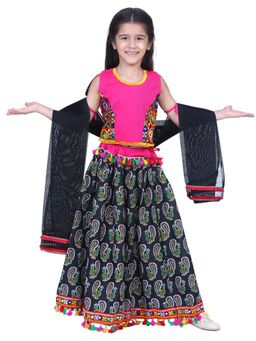 BownBee - Girls Mor Print Chaniya Choli with Frill Dupatta- Black (Set of 3)