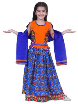BownBee - Girls Mor Print Chaniya Choli with Frill Dupatta- Blue (Set of 3)