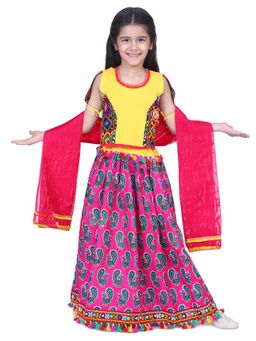 BownBee - Girls Mor Print Chaniya Choli with Frill Dupatta- Pink (Set of 3)