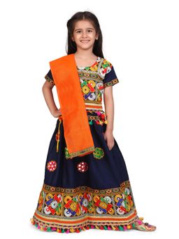 BownBee - Mirror Embroidery Chaniya Choli- Navy Blue (Set of 3)