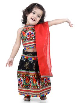 BownBee - Girls Mor Print Chaniya Choli with Frill Dupatta- Pink (Set of 3)