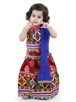 BownBee - Girls Mor Print Chaniya Choli with Frill Dupatta- Pink (Set of 3)