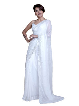 Suta - Off White Viscose Foil Mirror Embroidered Saree Without Blouse