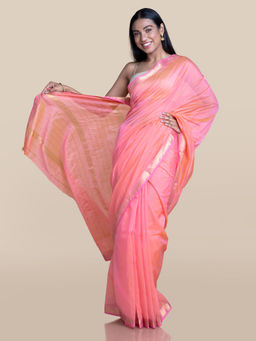 Suta - Peach & Pink Maheshwari Cotton Silk Saree Without Blouse