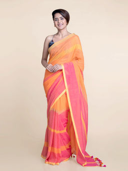 Suta - Orange & Pink Striped Pure Cotton Saree Without Blouse