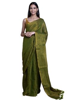 Suta - Olive Handloom Cotton With Zari Saree Without Blouse