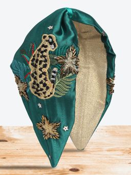 Blueberry - Green Floral Embroidery Knot Satin Hair Band