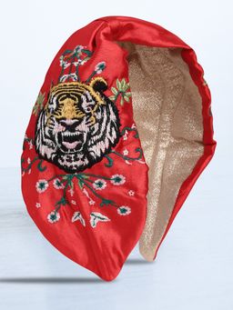 Blueberry - Tiger Embroidery Red Satin Knot Hair Band
