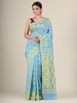 CHARUKRITI - Sky Blue Hand Woven Soft Blended Cotton Jamdani Saree without Blouse