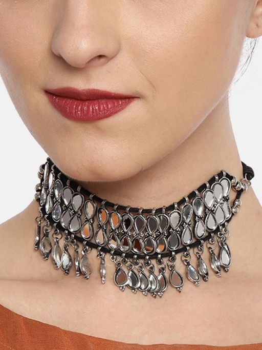 Buy Fida Silver Ethnic Handcrafted Mirror Work Choker Necklace For