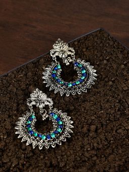 Fida - Ethnic Traditional Silver Oxidized Blue Green Stone Studded Drop Earrings for Women