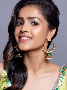 Fida - Wedding Gold Ethnic Green Enamell Pearl Jhumka Earring For Women (OSXXPDJE95 B)