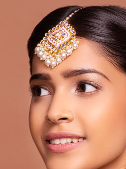 Fida - Wedding Gold Wedding Ethnic Kudan & Pink Meenakari Pearl Maang Tikka For Women(OSXXIPDJMT03)