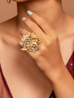 Fida - Wedding Gold Ethnic Kundan & Pearl Cocktail Ring For Women(OSXXIPDJR01)
