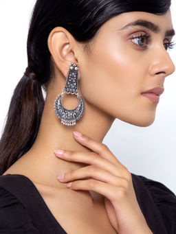 Indya - Silver Tribal Floral Dangler Earrings