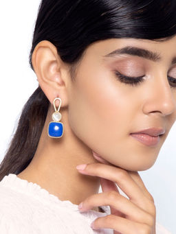 Indya - Blue White Stone Studded Dangler Earrings