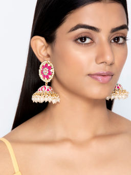 Indya - Pink Enamel Floral Kundan Jhumka Earrings