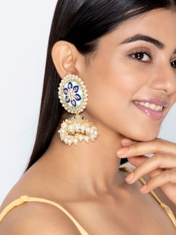 Indya - Gold Blue Enamel Floral Jhumka Earrings