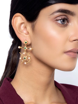Indya - Gold Green Crystal Pearl Cross Dangler Earrings