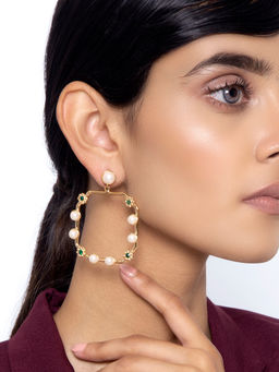Indya - Gold Floral Pearl Geo Dangler Earrings