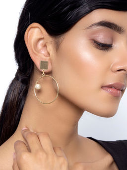 Indya - Gold Pearl Circular Drop Dangler Earrings