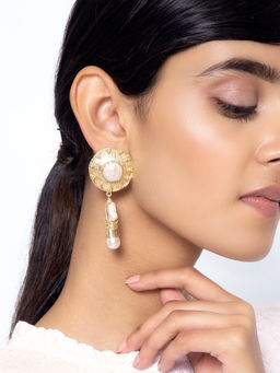 Indya - Gold Stone Pearl Drop Dangler Earrings