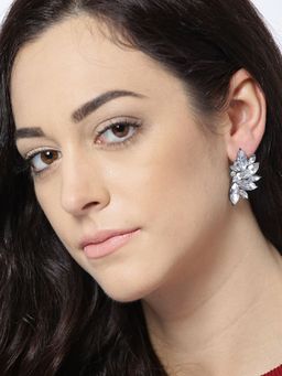 OOMPH - Silver White Floral Cubic Zirconia Large Ear Stud Earrings