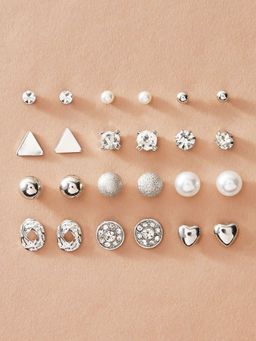 OOMPH - Silver Tone Crystal & Pearl Fashion Ear Stud Earrings (Set of 12)