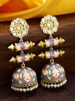 Peora - Meenakari Handwork TraditionalGold Plated Floral Design Kundan Jhumka Jhumki Earrings-PF66E06