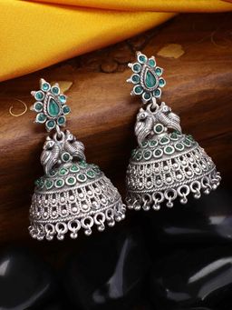 Peora - Indian Traditional Silver Oxidized Peacock Emerald Stone Jhumka Earrings-PF55E97G