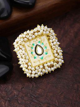 Peora - Jaipur Yellow Green Enamel Meenakari Work Gold Plated Pearl Beads Hand Painted Ring-PF66R07YG